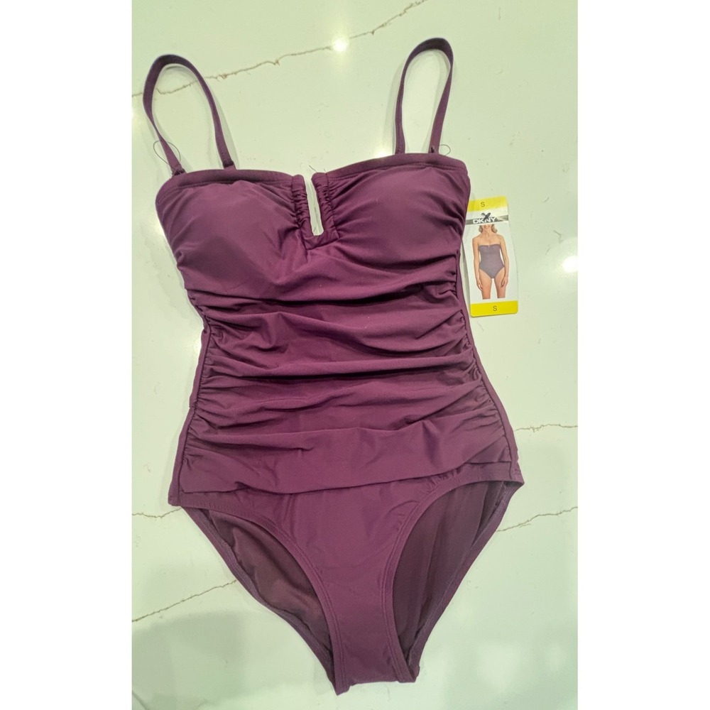 NWT DKNY Small Ruched One Piece Swimsuit Womens Purple - Picture 3 of 5
